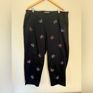 Embroidered Butterfly Pants Black Cropped  Novelty Print Women's Size 18
